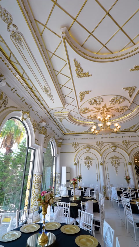 Bright hall with curved ceiling moldings and arched windows