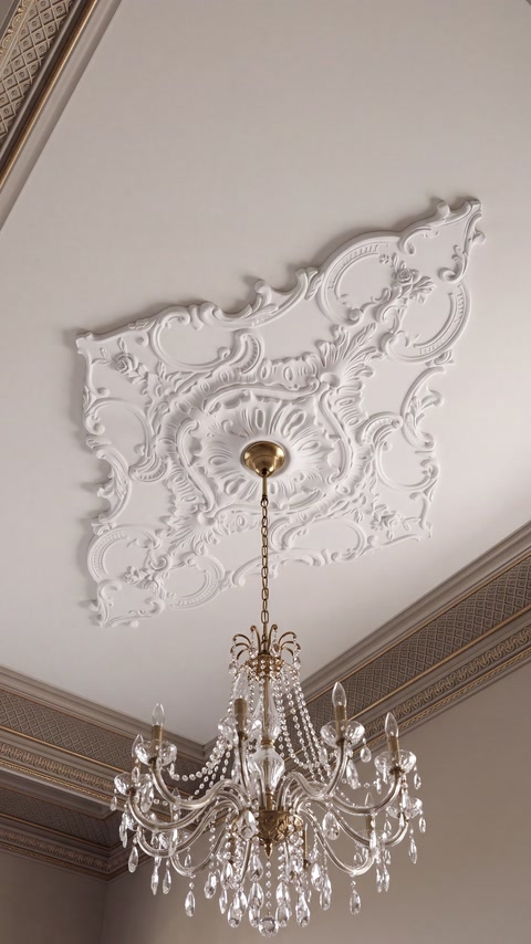 Medaglione da soffitto decorato installato sopra un lampadario di cristallo in una stanza