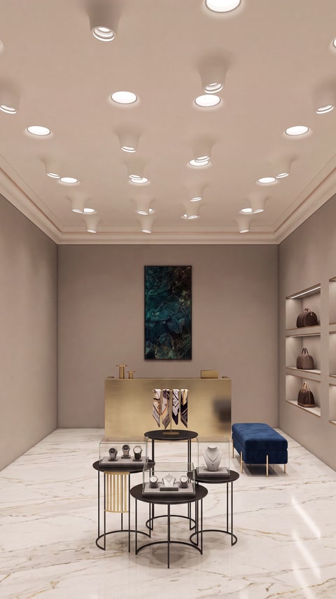 Interno moderno di uno spazio espositivo con luci da soffitto incassate e cornice