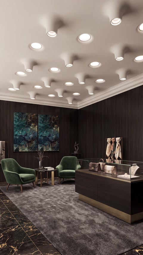 Stanza dall’atmosfera scura con diversi apparecchi di illuminazione incassati nel soffitto