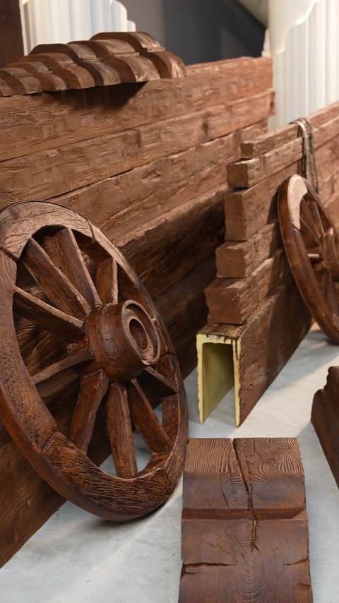 Scena espositiva con ruota di carro e travi effetto legno impilate