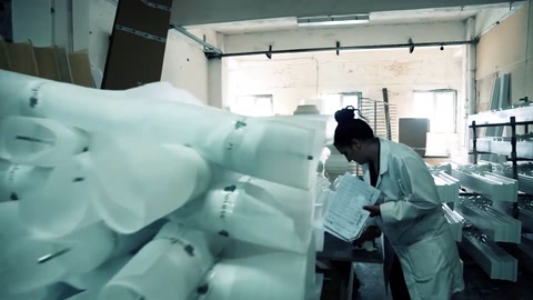 Prodotti decorativi bianchi confezionati in attesa nell'area di produzione.