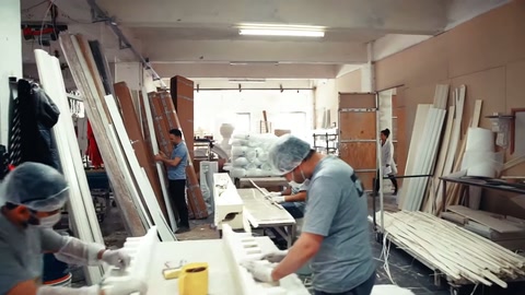Ustalar yan yana dizilen beyaz profillerin yüzeylerini işliyor.