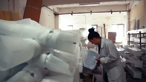 Usta, büyük beyaz konsol parçalarının yanında yüzey işlemi yapıyor.