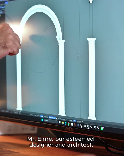A finished arch and column composition appears in the showroom