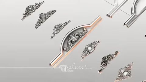 Una composizione curva per cornice viene presentata con diverse opzioni di motivi decorativi