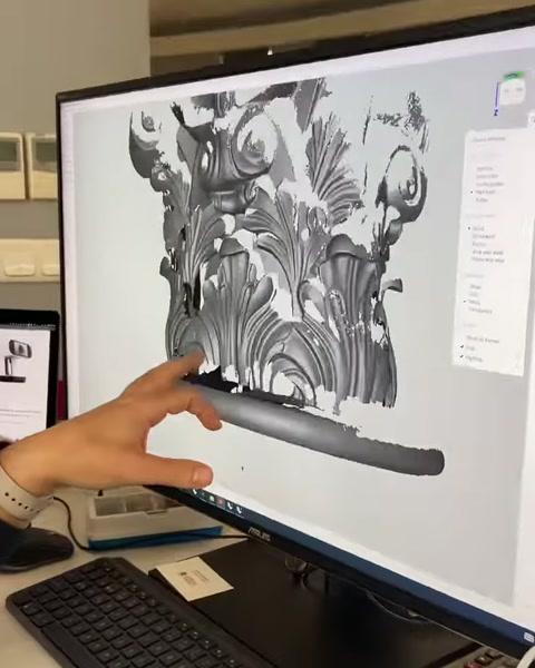 Detailed digital relief model represents a carved architectural ornament