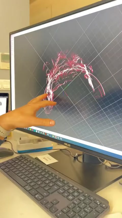 Red scan data traces the contours of an ornate design