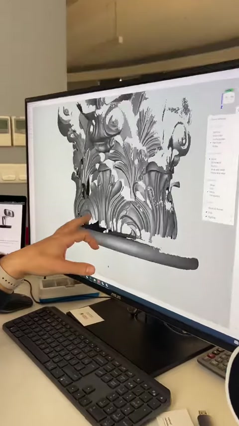 Detailed digital relief model represents a carved architectural ornament