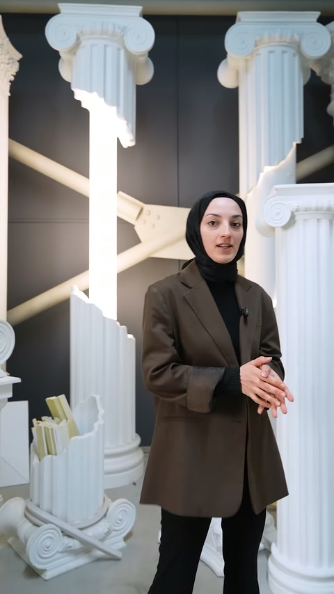 Presenter explains polyurethane decoration questions in front of white columns