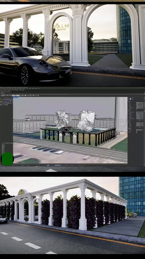 Facciata di sala matrimoniale con archi, modellata in fase di rendering 3D con colonne.