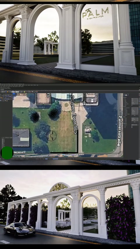 Aperture con archi e pilastri, valutate in ambiente 3D con planimetria circostante.