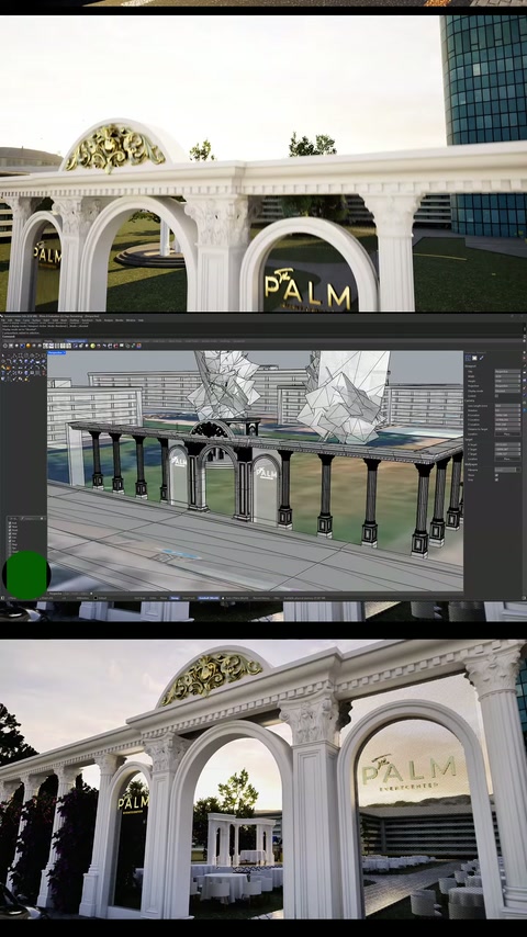 Archi d'ingresso con decorazioni in cornice, dettagliati nel modello di facciata tridimensionale.