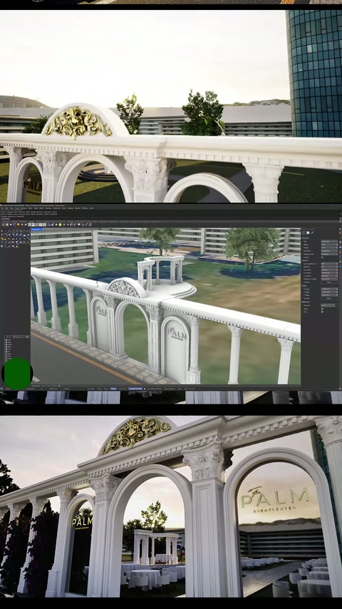 Colonne angolari e parete perimetrale con archi, visualizzate dall'alto nel modello 3D.