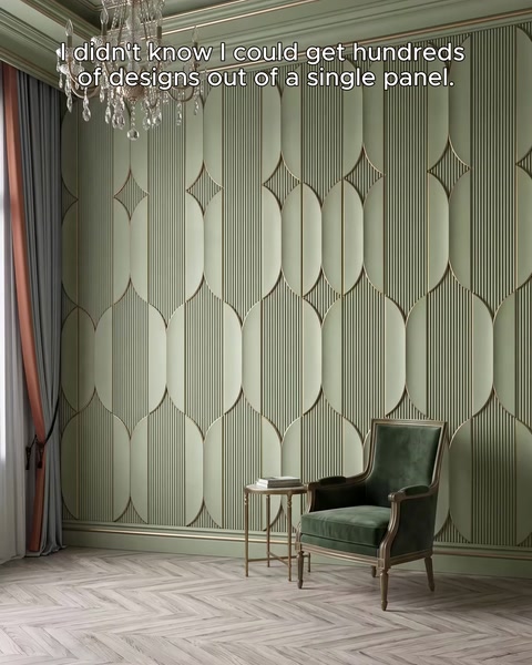 Green-toned panels create a vertically patterned wall in the living room.