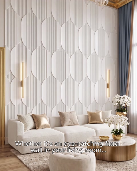 Light-colored panels create an elegant feature wall in a bright living room.