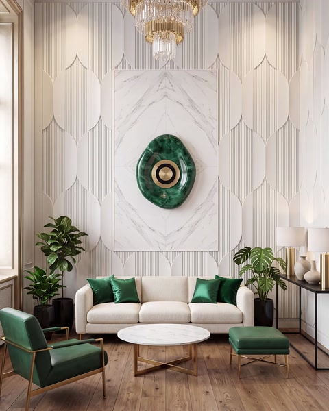 A white paneled wall complements a living room with classic furniture.