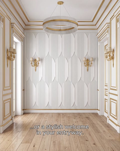 White panels are used with ornamental frames in the entryway.