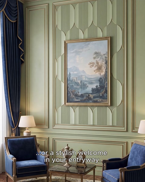 The green panel surface is complemented by a painting and a decorative frame.