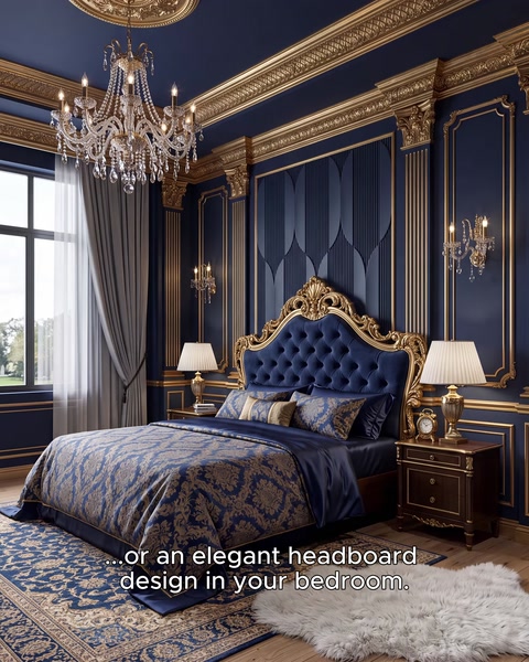 A bedroom with navy blue panels features an impressive headboard design.