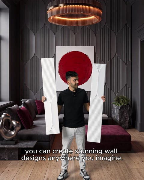 The presenter displays panel pieces in different sizes and shapes.