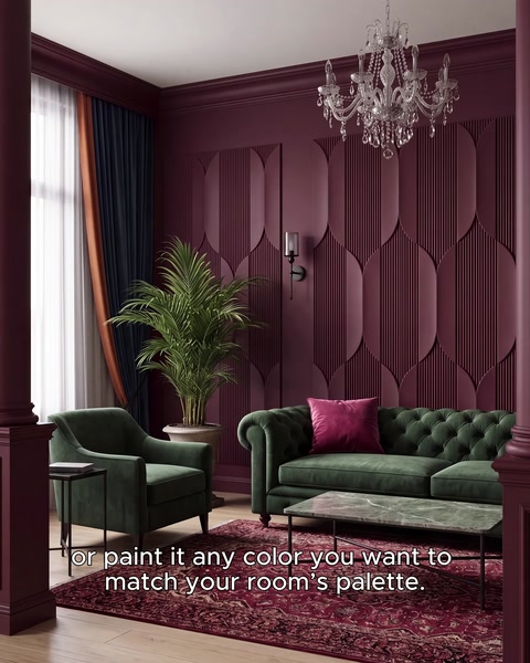 Burgundy panels create a strong and personal atmosphere in the living area.