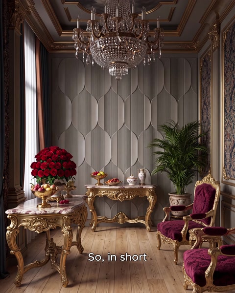 A gray-paneled living room takes on a classic look with a chandelier and red flowers.
