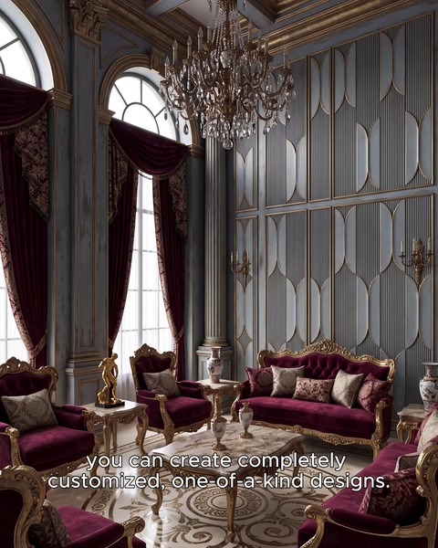 A wide gray panel wall creates a cohesive look in a high-ceilinged living room.