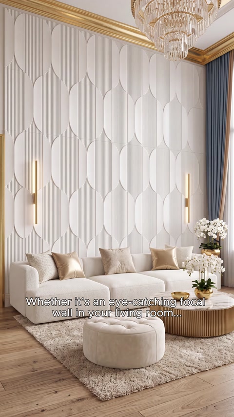 White embossed panels create a bright focal wall in the living room