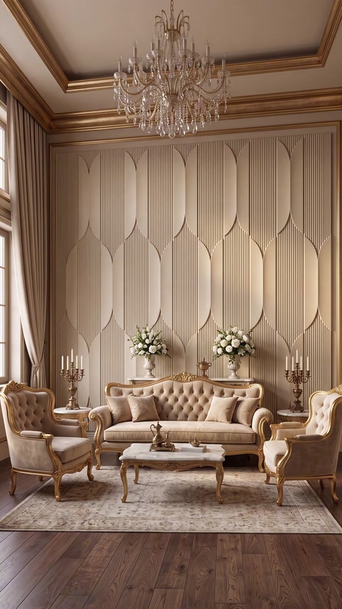 Beige-toned geometric panels complete classic living room decoration