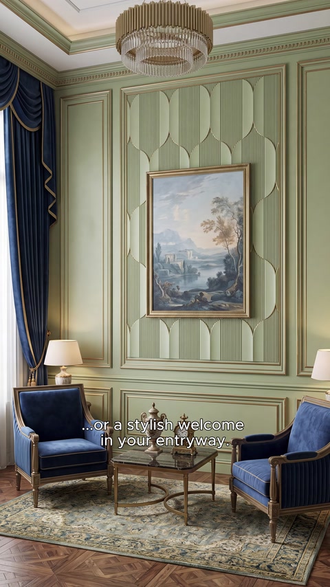 Green panels offer an elegant wall composition around artwork