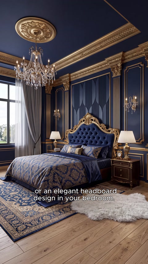 Navy blue wall panels create an impressive headboard in a classic bedroom