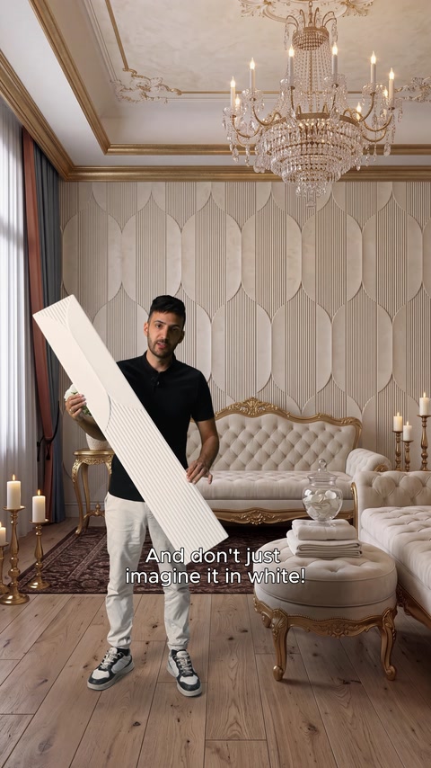 Beige embossed panel options are displayed in a classic living room layout