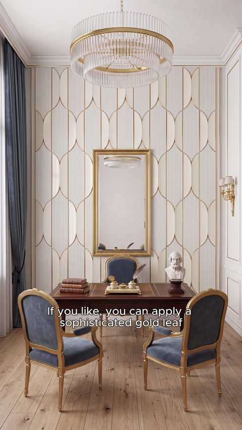 White panels highlighted with gold lines frame a mirrored wall