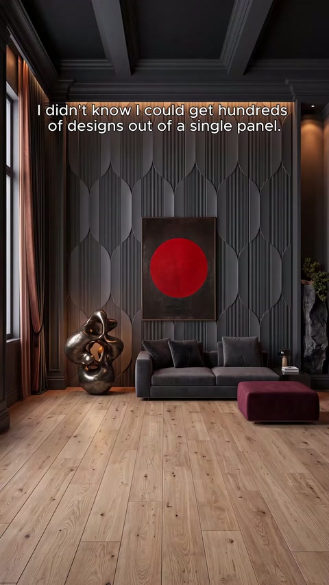 Dark grey panels applied symmetrically behind a red painting.