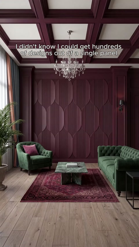 Burgundy panels covering a large surface in a classic living room with green furniture.