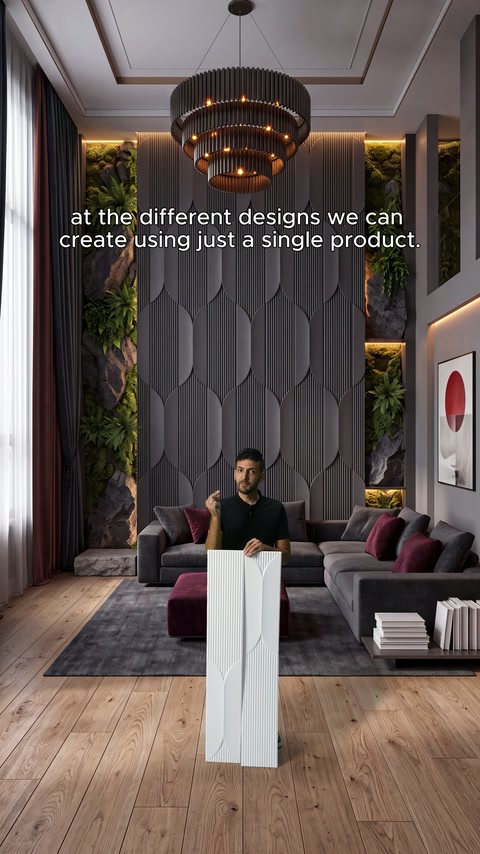 Presenter holds a single white panel in front of an illuminated living room wall.