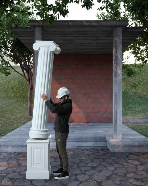 La colonna sollevata verticalmente e allineata sopra il piedistallo per il montaggio.