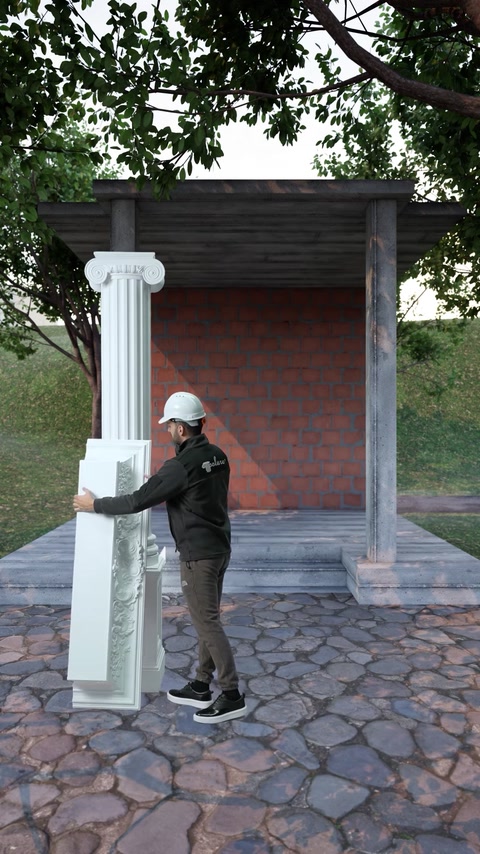 L'installatore posiziona il secondo pezzo di colonna vicino alla struttura della pergola.