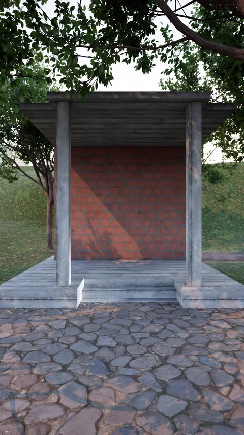 Una singola colonna e piedistallo completati si ergono soli contro un muro di mattoni.