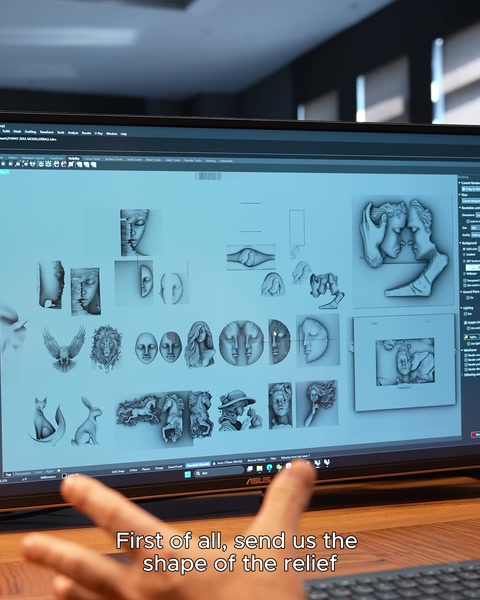Computer screen displaying 3D relief design models