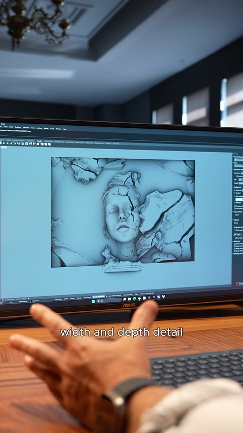 Sul monitor è visibile il dettaglio del modello digitale di un rilievo tridimensionale di un volto