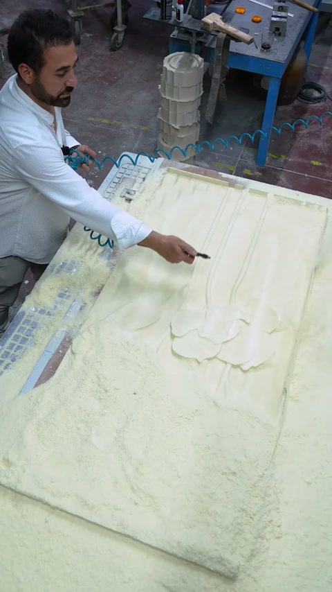 Il maestro artigiano mostra la sezione lavorata del rilievo floreale sulla lastra.