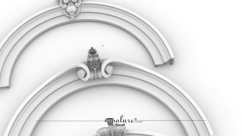 Viene mostrata la parte superiore di un arco con motivo classico e della cornice della finestra