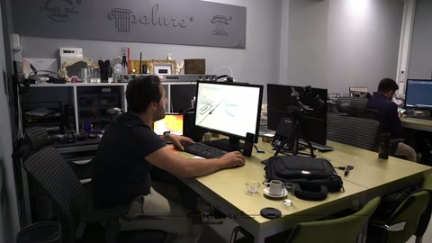 Designer develops the arch model on computer at a large work desk
