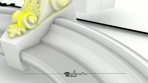 Curved yellow motif becomes prominent above the layered arch joint