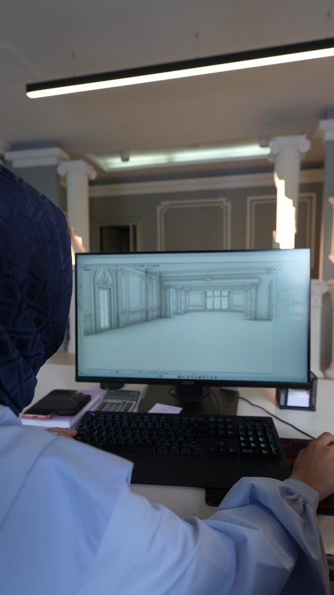 Geniş salon modelinde sıralı sütunlar ve duvar panelleri tasarlanıyor.