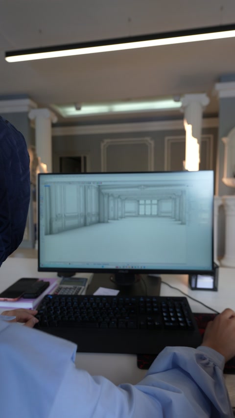 Bilgisayardaki salon tasarımında sütun dizileri ve tavan detayları inceleniyor.