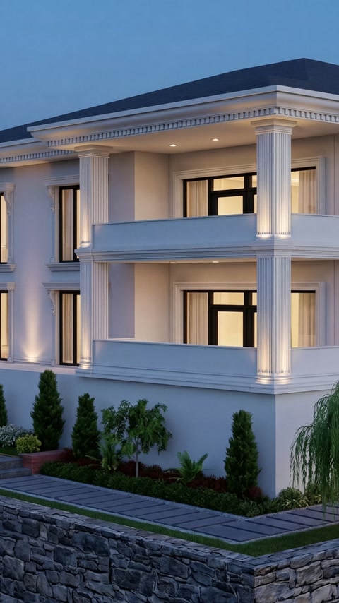 Villa tasarımında üçgen alınlık, sütunlar ve giriş söveleri öne çıkıyor.