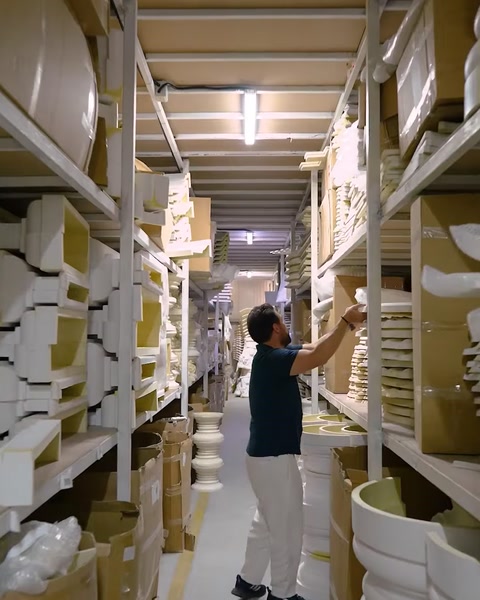 Operaio che seleziona un profilo di cornice flessibile da scaffali alti di magazzino